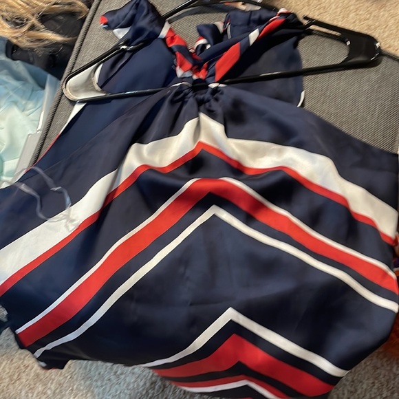 Red white and navy striped satin like halter tank - Picture 3 of 5